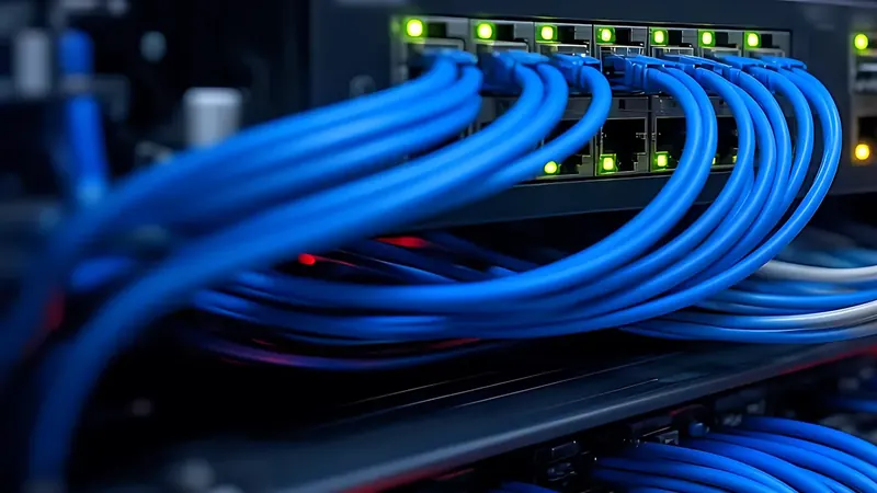 Bundle of blue patch cables plugged into a switch