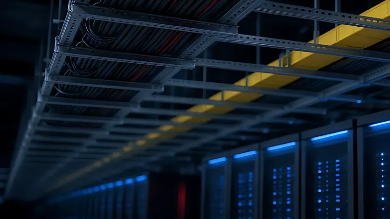 Cable trays running above the tops of server racks