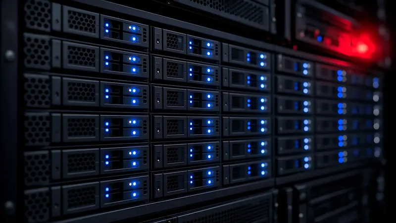 Close-up of rack-mounted servers with activity lights