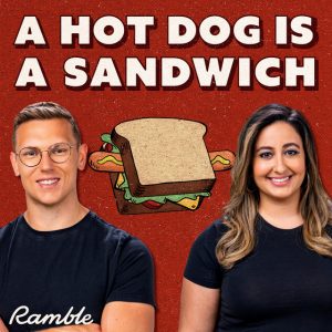 a man and a woman in front of a red background with the name of their podcast a hot dog is a sandwich