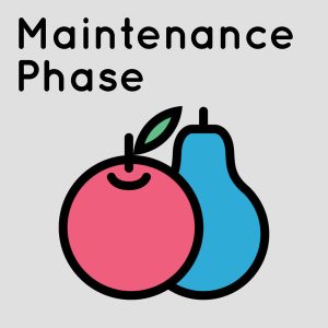 a red apple and a blue pear on a light grey background with the name of the podcast maintenance phase