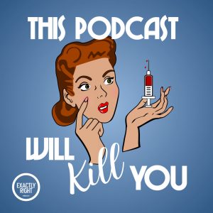 a woman's head and hands holding a needle with the words this podcast will kill you