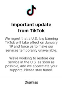 A notification displayed to TikTok users during the 2025 U.S. ban, signaling the platform's suspension.